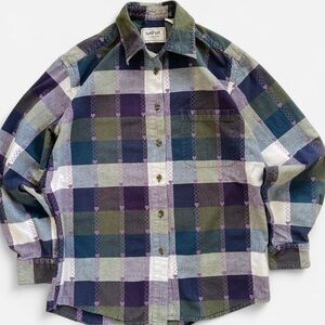 Vintage Krazy Kat Purple Blue Green Plaid Embroidered Hearts Button Down Shirt S